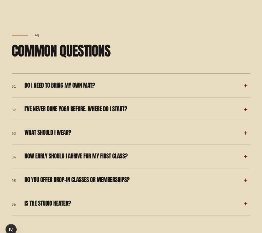 FAQ accordion — real render from a generated site