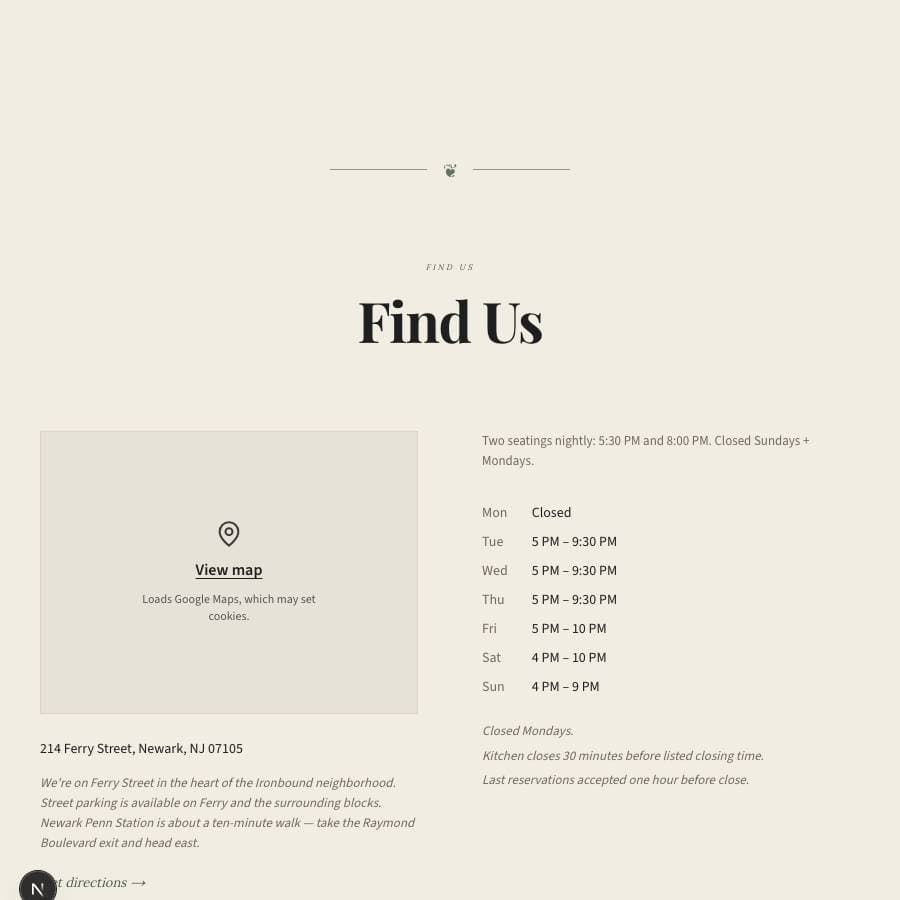 Hours & location — real render from a generated site
